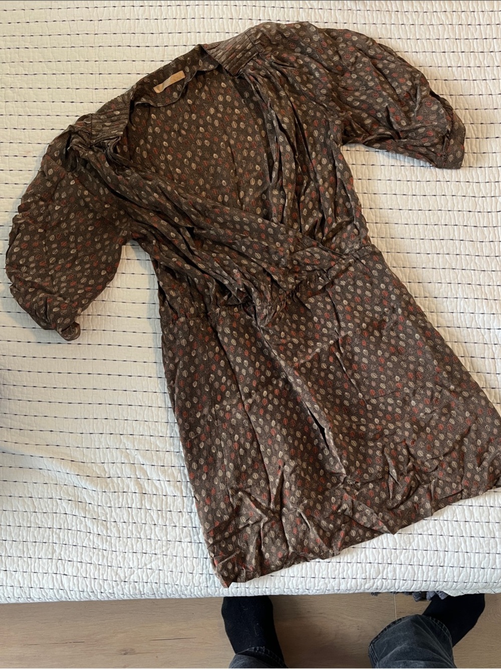 Brown Printed Wrap Dress with Puff Sleeves
